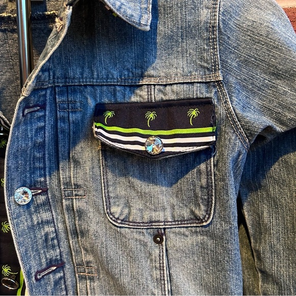 Tie One On NY Y2K denim jacket with Palm Tree trim and Rhinestone buttons SZ 8 - Picture 3 of 4